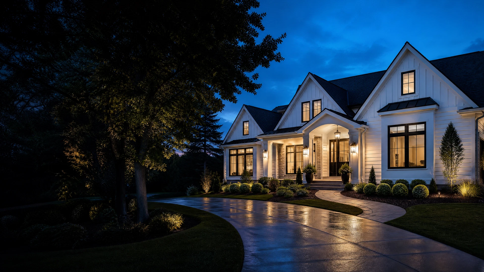 A clean home exterior at dusk